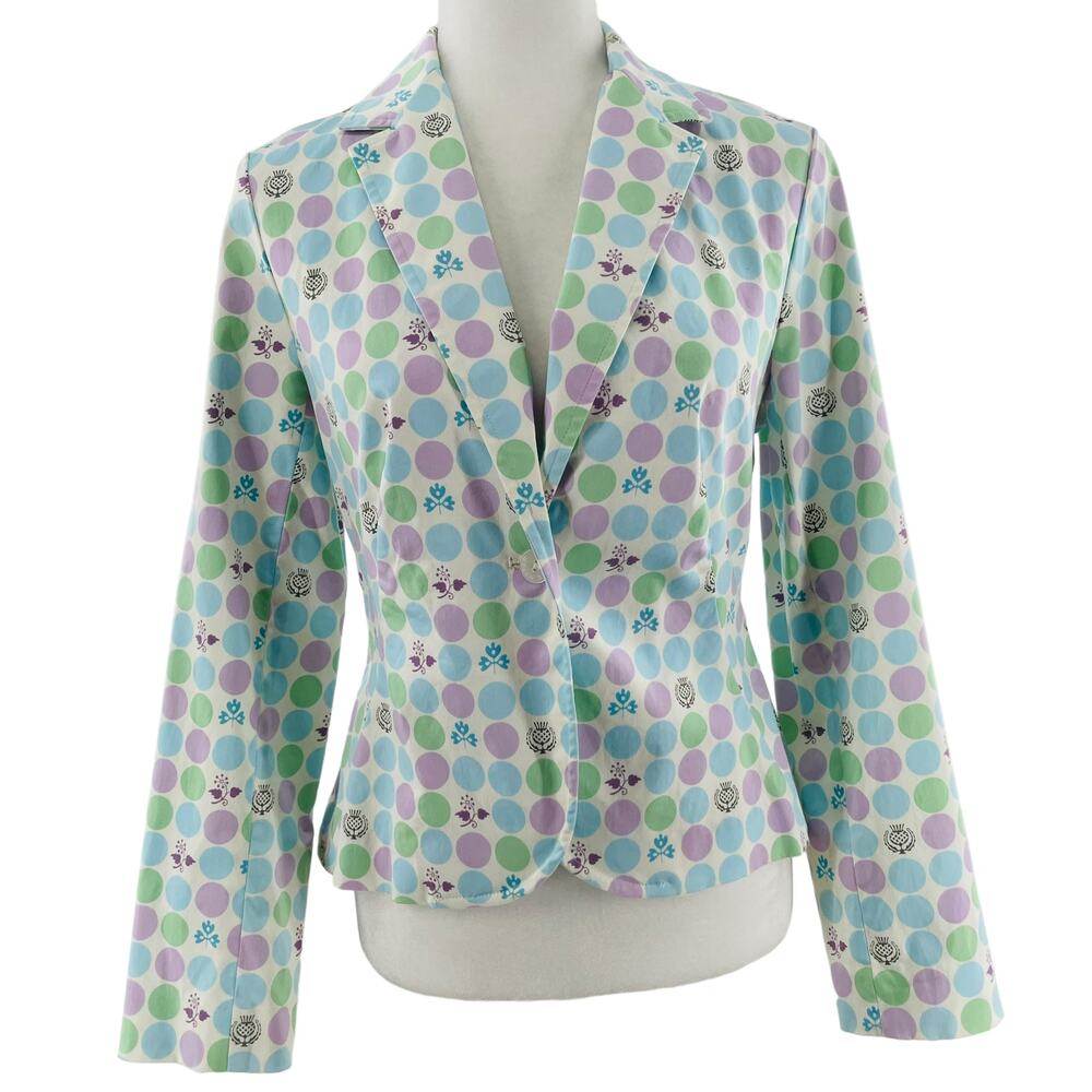 Gene Meyer Blue Purple Green Polka Dot Ditsy Floral Cotton Cropped Blazer 4 - Picture 2 of 12